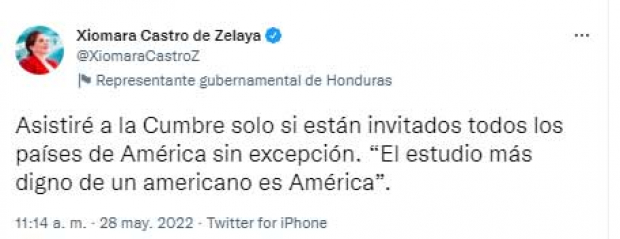 El mensaje de Xiomara Castro en Twitter, sobre su asistencia a la Cumbre de las Américas en EU