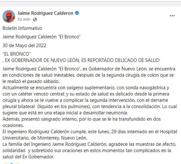 El mensaje en Facebook sobre la salud del ex gobernador de Nuevo León, Jaime Rodríguez Calderón, "El Bronco"