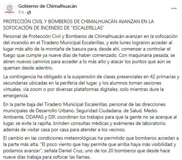 El comunicado en Facebook del Gobierno de Chimalhuacán