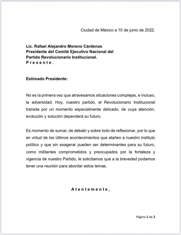 La primera parte de la carta que enviaron los exdirigentes priistas a "Alito" Moreno