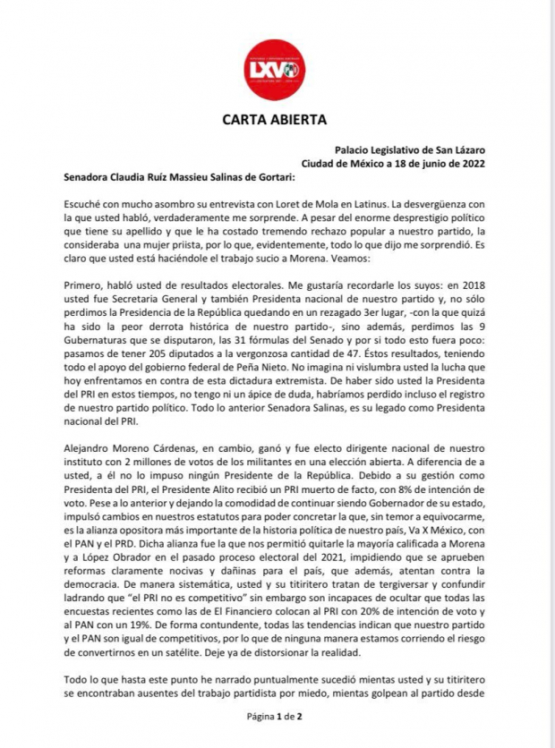 Misiva de la diputada priista, Lorena Piñón Rivera
