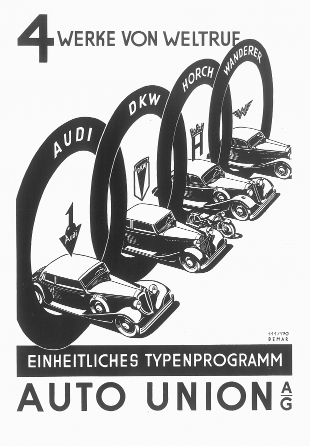 Contemporary advertisement of Auto Union AG, founded on June 29, 1932.