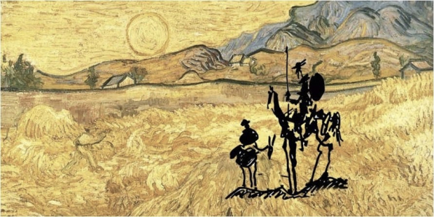 El Quijote y Sancho, en montaje de obras de Van Gogh y Picasso.