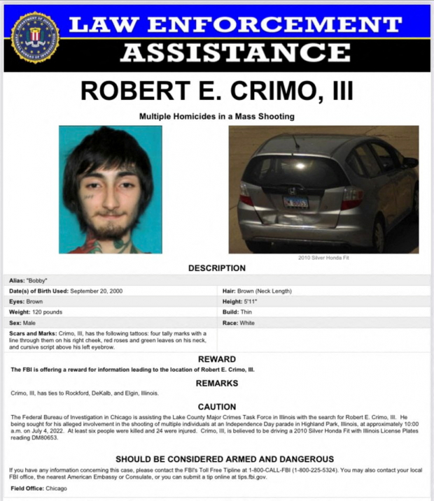 Robert Crimo III, sospechoso del tiroteo registrado el 4 de julio en Chicago