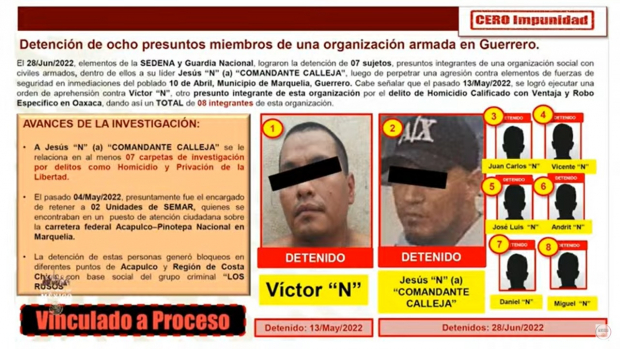 Ocho miembros de la Unión de Pueblos y Organizaciones del Estado de Guerrero (UPOEG) fueron detenidos.