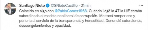 El mensaje de Santiago Nieto en Twitter