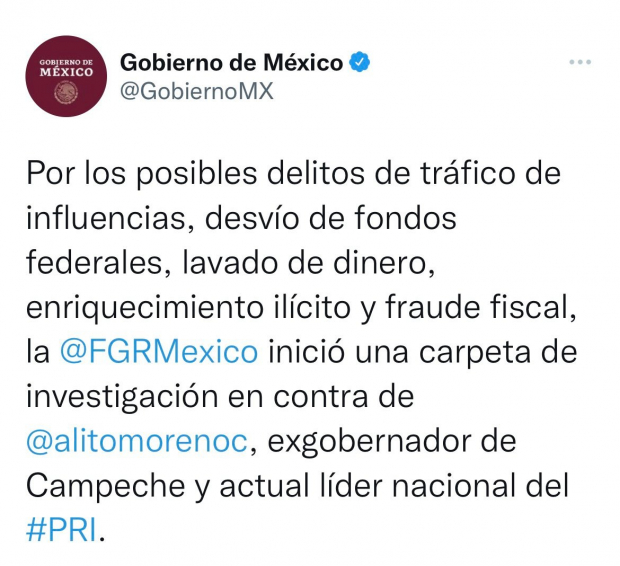 El mensaje del Gobierno de México en Twitter, que después fue borrado