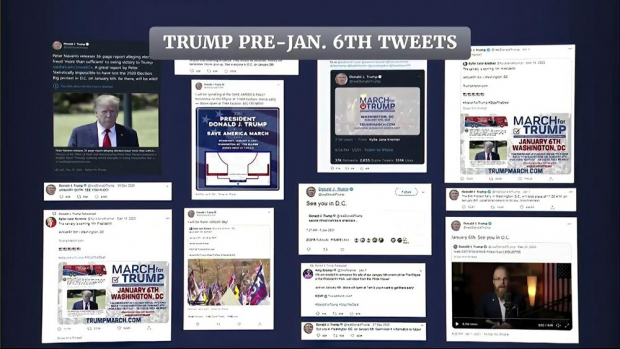 Imágenes de un video hecho por el comité que muestra publicaciones en las redes sociales del expresidente Donald Trump.