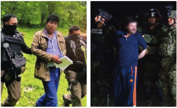 Los capos, Caro Quintero y El Chapo Guzmán, tras su recaptura, el viernes pasado y en enero del 2016, respectivamente.