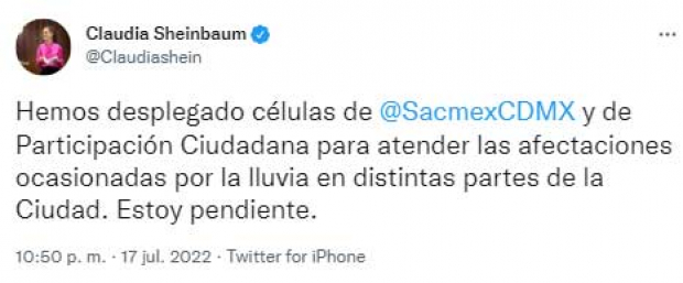 El mensaje de Claudia Sheinbaum, jefa de Gobierno de la CDMX, en Twitter