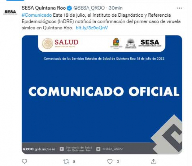 El mensaje en Twitter del SESA Quintana Roo