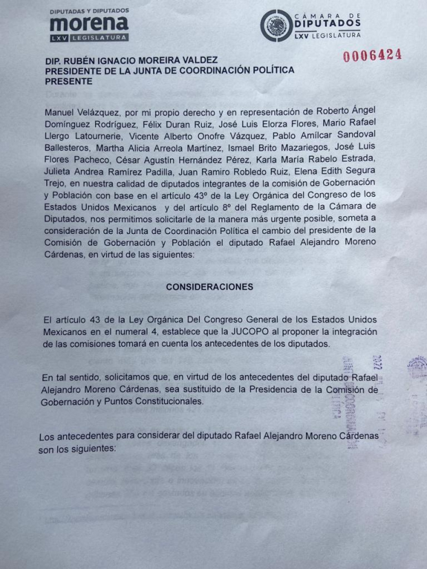 Solicitud presentada por los diputados de Morena ante la Jucopo; piden remover a "Alito".