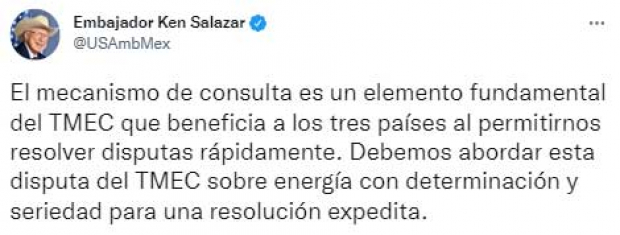 El mensaje del embajador Ken Salzar en Twitter