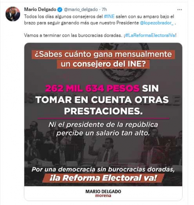 Mario Delgado critica sueldos de consejeros del INE