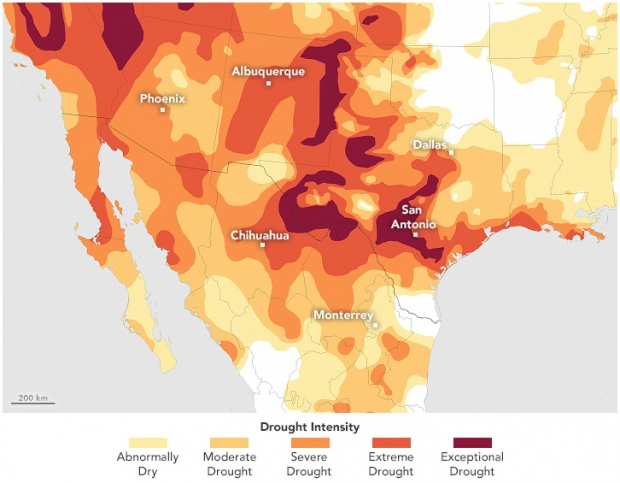Mapa de la NASA que muestra las condiciones de sequía en el centro-sur y suroeste de Estados Unidos y el norte de México.