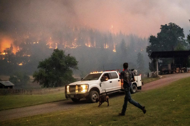 Un hombre corre hacia un camión mientras el incendio forestal llamado McKinney arde en el Bosque Nacional Klamath, California.