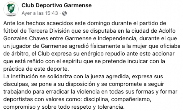 Club Deportivo Garmense condena las acciones de su jugador.