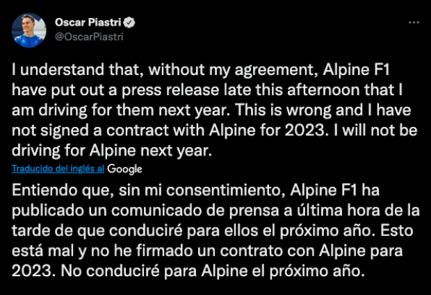 Piastri denunció en sus redes sociales que el anuncio de Alpine F1 Team se había realizado sin su consentimiento