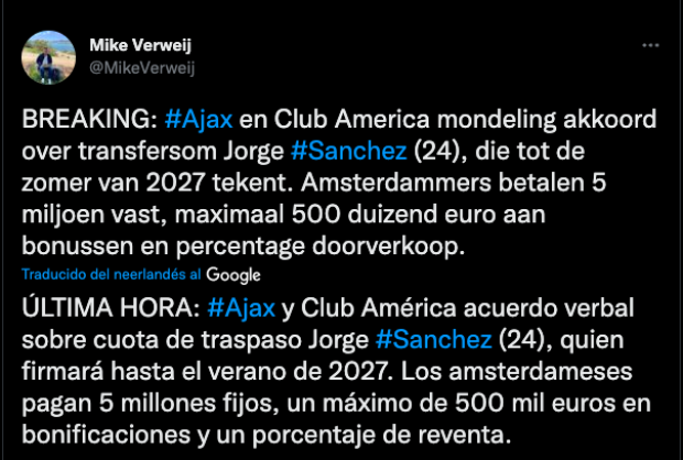 Se reporta que el traspaso de Jorge Sánchez del América al Ajax está cerrado.