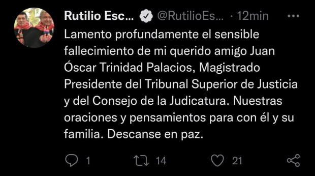 Rutilio Escandón lamentó el deceso de Juan Óscar Trinidad, titular del Tribunal Superior de Justicia y Consejo de la Judicatura de Chiapas