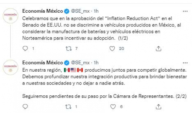 El mensaje de la Secretaría de economía en Twitter