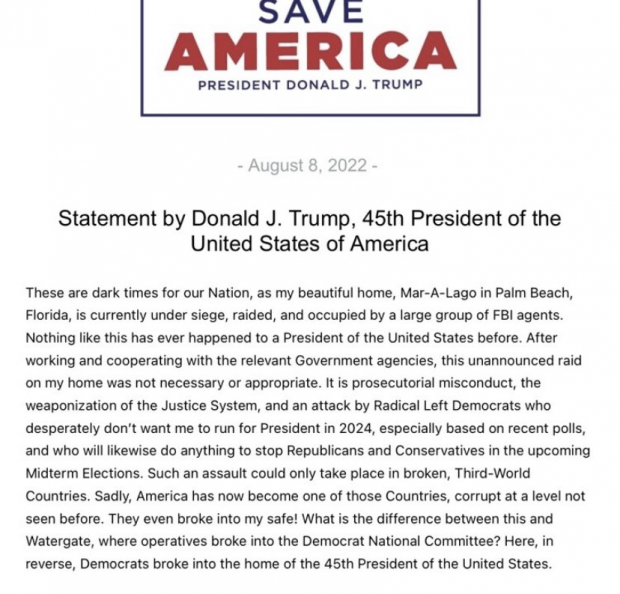 El comunicado del ex presidente Donald Trump, tras el allanamiento del FBI a su casa de Mara-a-Lago