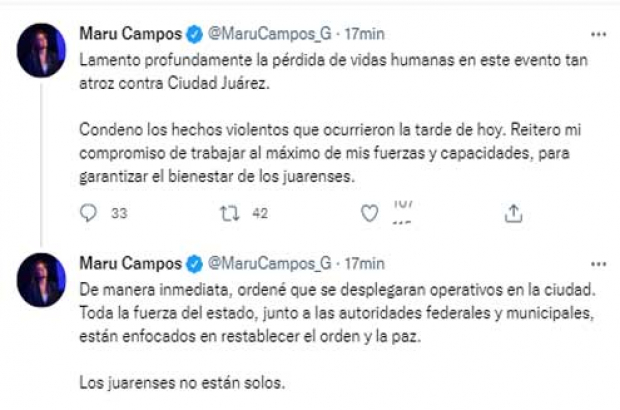 El mensaje de la gobernadora de Chihuahua, Maru Campos, en Twitter