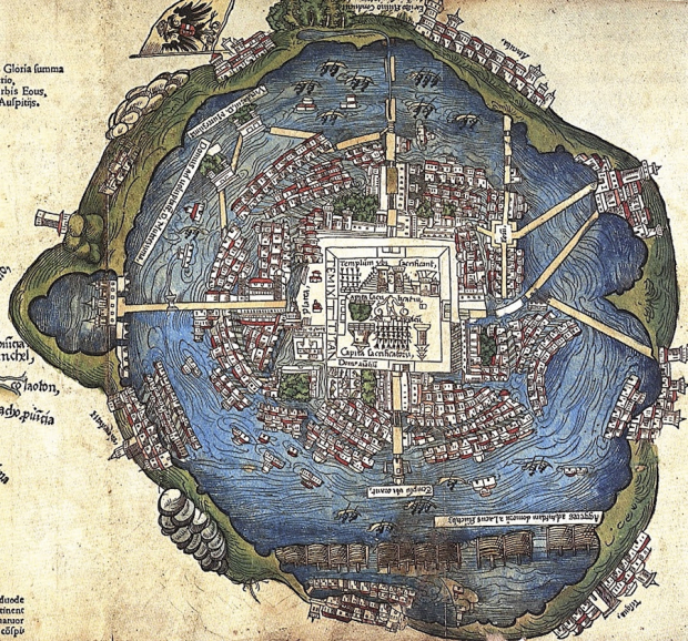 El mapa más antiguo de México Tenochtitlan, en Segunda carta de relación de Hernán Cortés, detalle, 1524.