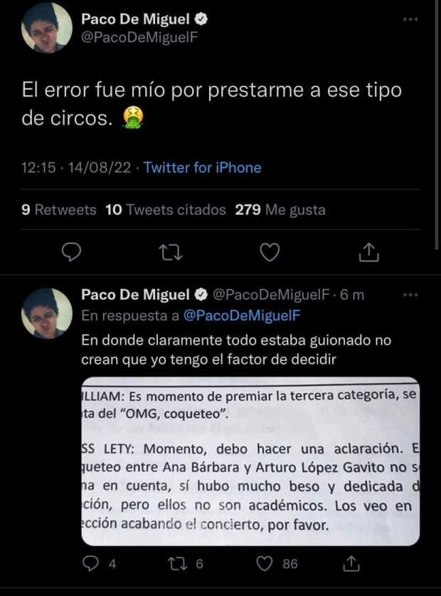 Tuit de Paco de Miguel en el que explotó contra La Academia