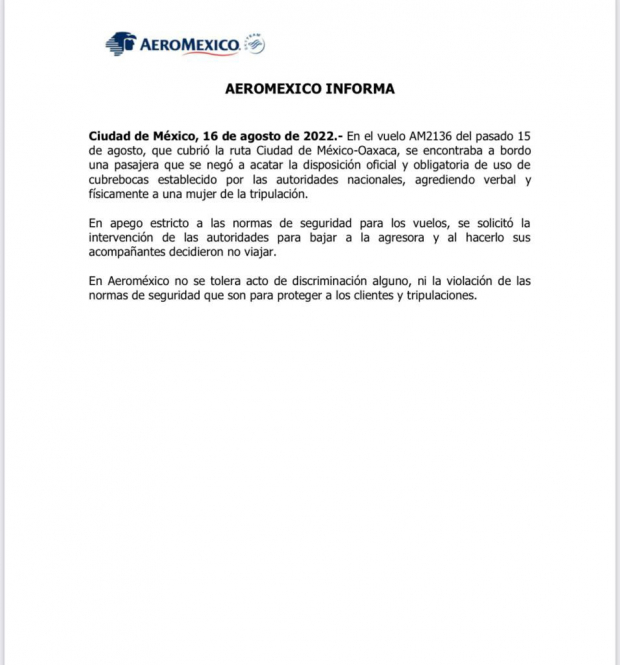 Comunicado de Aeroméxico.