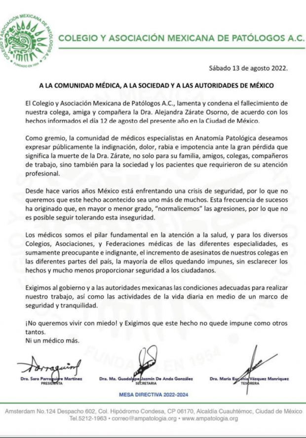 Pronunciamiento del Colegio y Asociación Mexicana de Patólogos A.C. por la muerte de la doctora Alejandra Zárate Osorno.