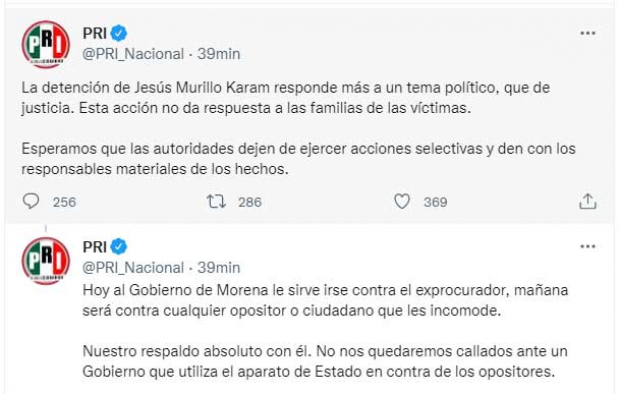 El mensaje del PRI en redes sociales tras la aprehensión de Jesús Murillo Karam