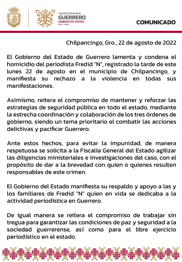 El comunicado del Gobierno de Guerrero