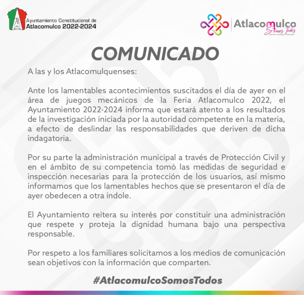 Comunicado del ayuntamiento de Atlacomulco.