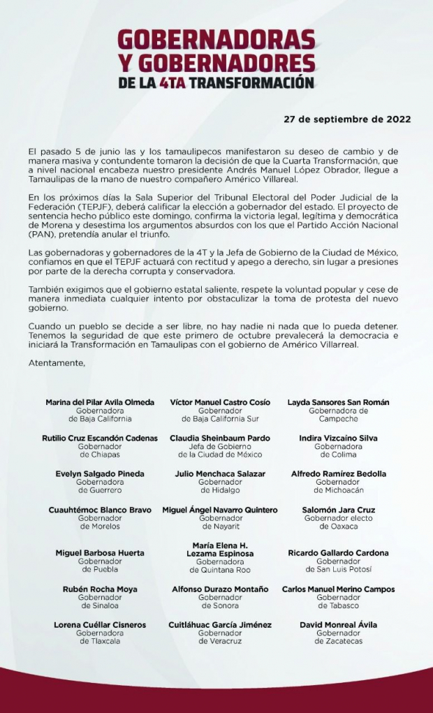 Desplegados firmados por gobernadores de Morena.