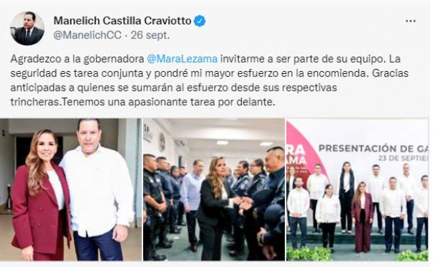 El mensaje en Twitter de Manelich Castilla el pasado 26 de septiembre