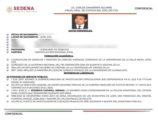 Perfil de Carlos Zamarripa Aguirre, elaborado por la Sedena.