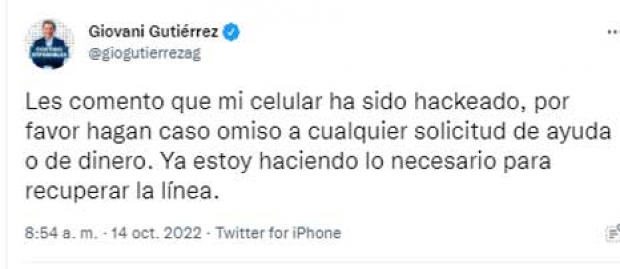 El mensaje de Giovani Gutiérrez en Twitter