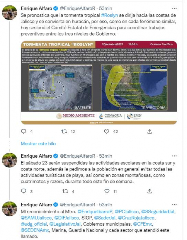 El mensaje del gobernador de Jalisco, Enrique Alfaro, en Twitter