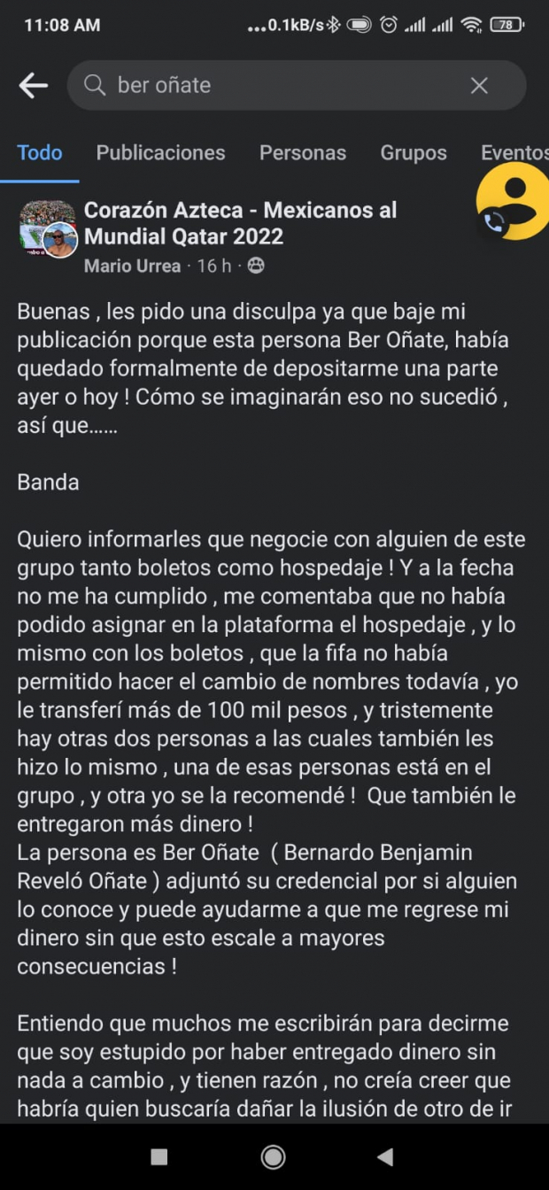 La denuncia de Mario Urrea contra Bernardo Revelo Oñate, en Facebook.