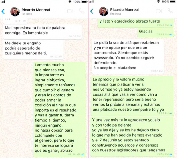 Fragmentos de las conversaciones entre Monreal y Moreno reveladas por Layda Sansores en Martes del Jaguar, ayer.