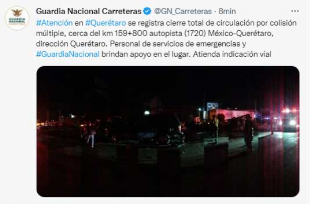 El mensaje en redes de la Guardia Nacional sobre la colisión de esta noche en la México-Querétaro
