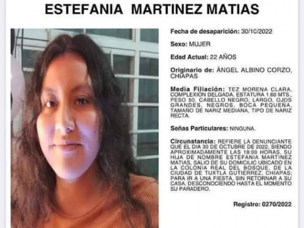 Ficha de búsqueda de Estefanía Martínez, joven localizada sin vida en Chiapas.