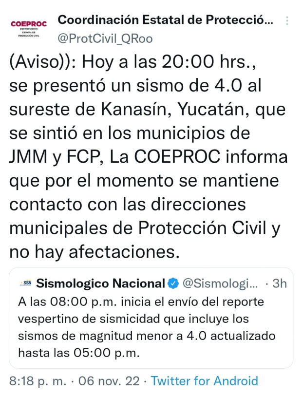Comunicado de Coordinación de Protección Civil en Quintana Roo