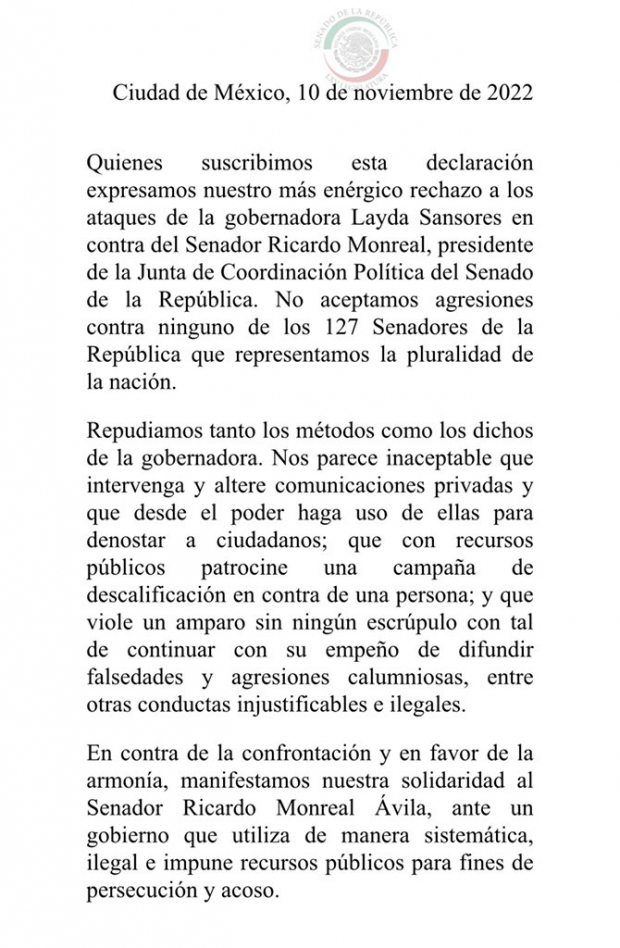 Senadores cierran filas con Ricardo Monreal en conflicto con Layda Sansores