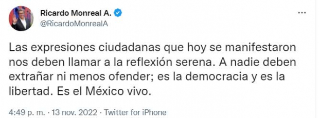 El mensaje de Ricardo Monreal en redes sociales tras la marcha en pro del INE