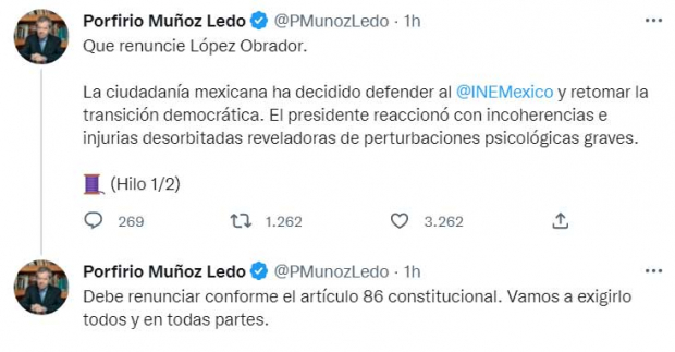 El político Porfirio Muñoz Ledo dijo "que renuncie López Obrador", tras la respuesta del Ejecutivo federal a la marcha de ayer por el INE