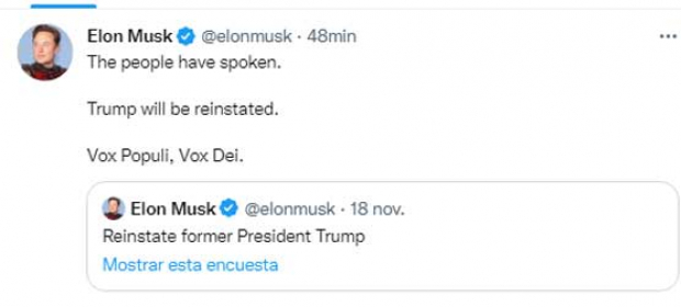 Donald Trump, expresidente de Estados Unidos, será reinstalado en Twitter, señaló Elon Musk