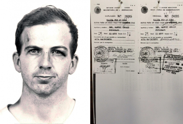 Lee Harvey Oswald; a la derecha, su visa de 1963 con sellos de entrada (26 de septiembre) y salida (3 de octubre) de México.