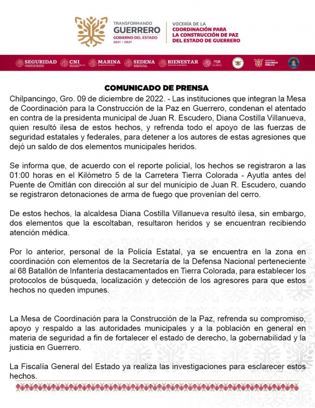 Comunicado de prensa de la Mesa de Coordinación para la Construcción de Paz en Guerrero